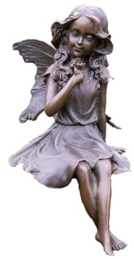 IDYL Scultura in bronzo fata seduta con farfalla | 15 x 8 x 14 cm | classica figura in bronzo fatta a mano | resistente alle intemperie