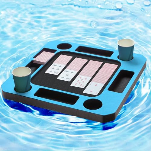 Floating Games Pool Table or Card Table Tray for Pool or Beach Party Float Lounge Durable Foam Drink Holders with Waterproof Playing Cards for Summer Party Indoor Outdoor Beach Pool (Blue)
