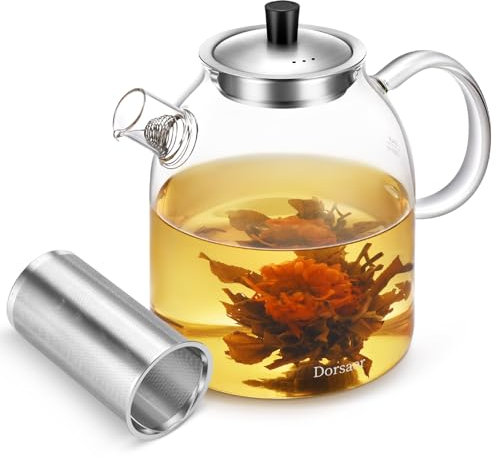 Dorsaer 1500ml Glass Teapot with Infuser and Lid, 50oz Stovetop Safe Borosilicate Glass Tea Kettle with Removable Infuser for Loose Leaf Tea, Herbal Tea, Fruit Tea, Blooming Tea. Clear Glass Pots