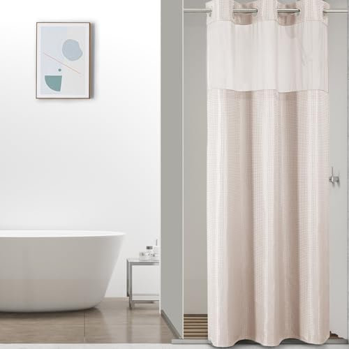 Colorful Star Small Stall Shower Curtain with Snap in Fabric Liner, Waffle Weave No Hook Shower Curtains with Mesh Top Window, Hotel Style Waterproof Bathroom Curtain Set, 36 x 75 Inch, Blush Pink