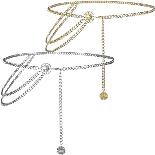 Metallo Vita Catena,2 PCS Cintura Catena per Donne Accessori Abito Moda Cinture Catena Regolabili Cinture Link Corpo Pancia Catena per Abito Pantaloni Cappotto Jeans 90cm D'oro Argento