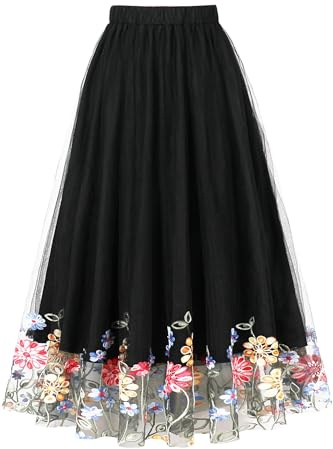 AXOE Femme Jupe en Tulle Mi Longue Taille Elastique Évasée Chic et Elegant pour Fete Ete Mariage Invitéé Noir Brodée de Fleurs, Taille 48-52, 4XL