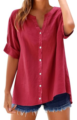 riou Camisa de Algodón y Lino con Botones para Mujer Primavera Verano Moda Color sólido Blusa Cuello en V Camiseta Elegante Tops Casual Sueltas de Trabajo de Oficina Shirt Talla Grande tee