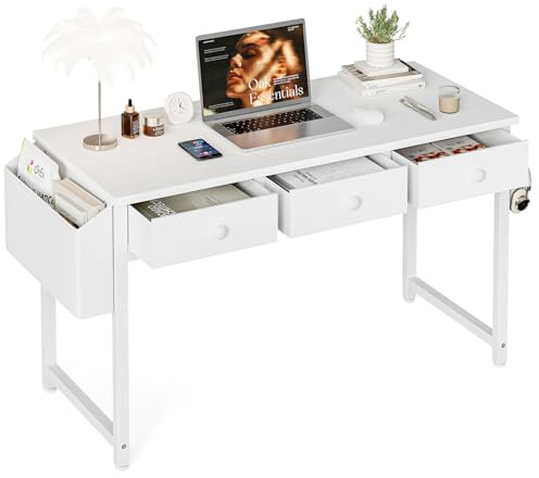 Grandder Small Computer Desk with 3 Fabric Drawers, 100 x 40 cm Home Office Desk with Storage Bags and Drawers, Study Writing Gaming Table for Small Spaces, White