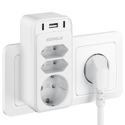 6 en 1 Multiprise Murale, Multiprise Electrique avec 3 Sortie AC et 3 Ports USB, Multiprise Parafoudre pour Bureau, Cuisine, Chambre, Compatible avec Téléphones Portables