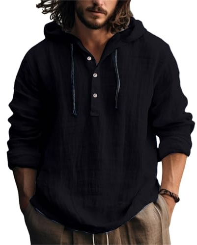 Leinenhemd Herren Baumwolle Leinen Hoodie Einfarbig Hoody Oberteile Knopfleiste Langarm Hemd mit Kapuze Modische Langarmshirt Sommerhemd Shirt Leichte Sommerhemd Bequem Freizeithemden
