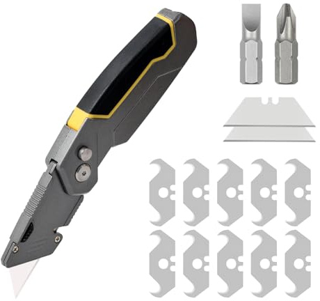 4 en 1 cúter universal plegable con almacenamiento de cuchillas - Incluye 2 cuchillas trapezoidales y 10 gancho para cortar cartón, alfombras y proyectos DIY
