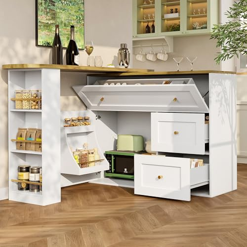 Oxtao Tavolo da bar allungabile con spazio di archiviazione, tavolo da bistrot telescopico mobile con scaffale per snack, 138-204 x 39 x 105 cm (bianco)