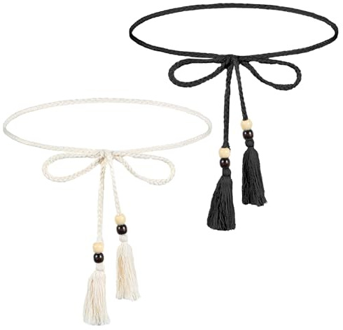 Bremorou Elegante cintura da donna in corda con nappa, cintura in corda bianca, cintura in macramè, cintura intrecciata in vita alla moda bohémien, cinture sottili (bianco, nero)