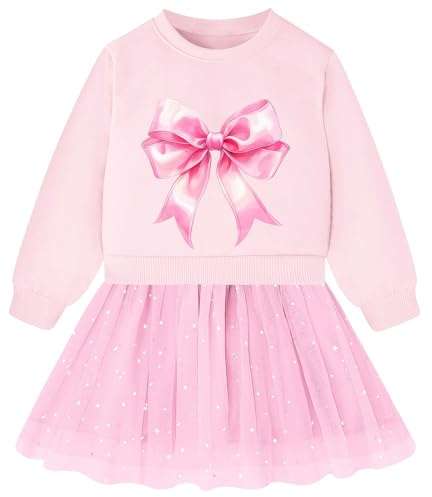 Little Girls Pink Dress 4t 5t Cute Long Sleeve Sequin Tulle Dresses Lovely Bow Print Sweat Party Outfit Size 4-5T