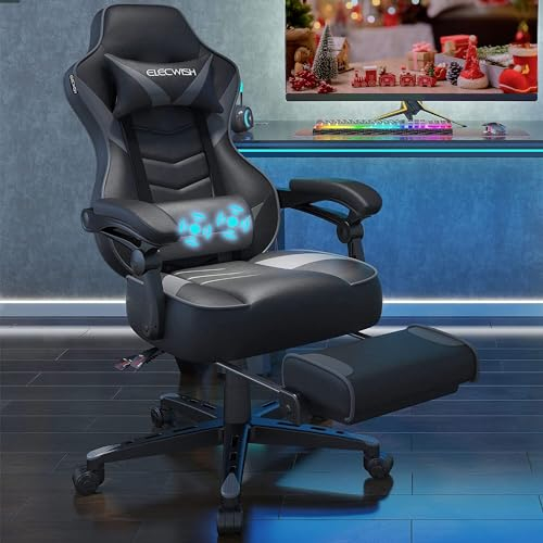 YU YUSING Chaise Gaming Ergonomique Racing Chaise de Bureau avec Réglage de Hauteur, Repose-tête et Soutien des Lombaires, PU Cuir avec Repose-Pieds Rétractable, Noir et Gris