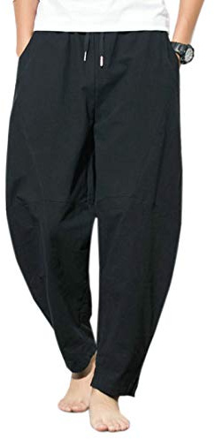 Cicilin Herr bomull säckiga byxor lösa haremsbyxor solid elastisk midja breda ben blommiga blombyxor unisex vardaglig sport träning gym fitness yogabyxor överdimensionerade, Svart, L