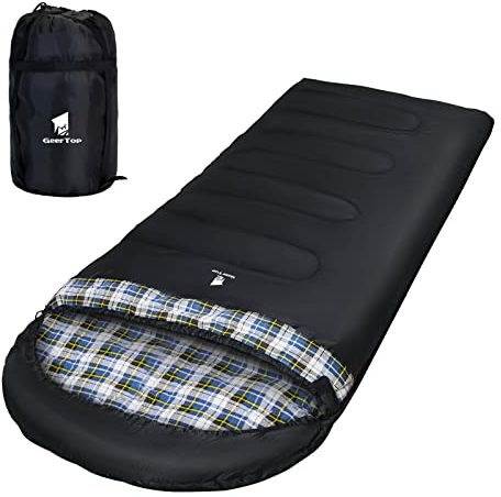 GEERTOP Schlafsack XXL 4 Jahreszeiten Flanell Campingschlafsack Übergröße 220x100cm für Erwachsene Outdoor Rucksackreisen, Wandern (Schwarz mit Blauem Karo)