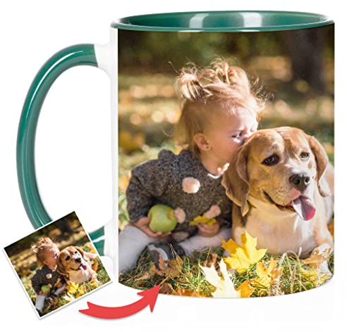 Wanapix | Taza Personalizada con Foto y Texto | Capacidad de 325ml | Taza de Cerámica con Diseño Único | Regalo para Amigos y Familiares | Apta para Microondas | Interior y Asa Color Verde
