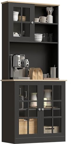 HOMCOM Buffet Cuisine, Meuble Cuisine Rangement Haut, Meuble de Rangement avec Plan de Travail, 3 Portes vitrées, 2 niches et étagères réglables, 80 x 37 x 183 cm, Noir chêne