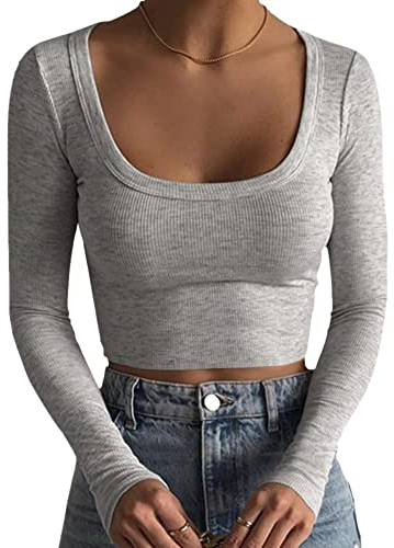 Minetom Damen Langarm T-Shirt mit Quadratischer Ausschnitt Basic Langarmshirt Crop Tops Bauchfrei Oberteile Sweatshirt Pullover Top Herbst Ribbed A Grau S