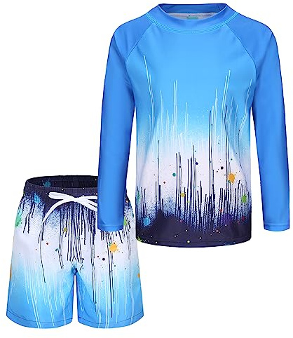 Traje de baño de dos piezas para niños con bañador de manga larga para niños, Azul degradado, 13-14 Años
