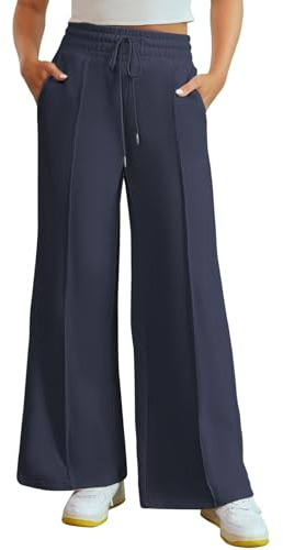 Dokotoo Palazzo Hose Damen Jogginghose Baggy Lang Aktive Freizeithose High Waist Einfarbig Hosen mit Taschen Kordelzug Outdoor Lässige Elastisch Stoffhose Blau S