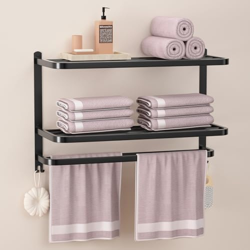 DDS-DUDES 3-Tier Black Towel Racks for Bathroom with Towel Bars Multilayer Hotel Towel Shelf Stainless Steel Wall-Mounted Matte Finished Holder with Towel Shelves 23 Inches, TR24 3TIERB