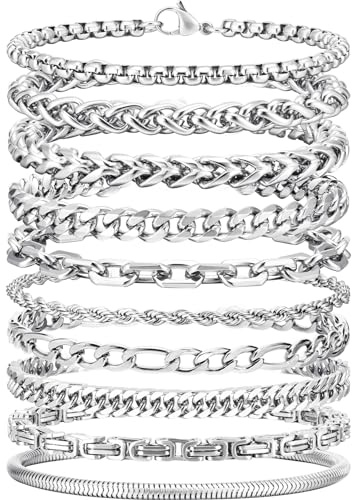 VNOX Silver Chain Bracelet for Men - 10 Pcs Solid Stainless Steel Rope/Figaro/Paperclip/Cuban Link/Snake Curb Chunky Chain Bracelet Set Wrist Band for Men Women,Mens Jewelry Set