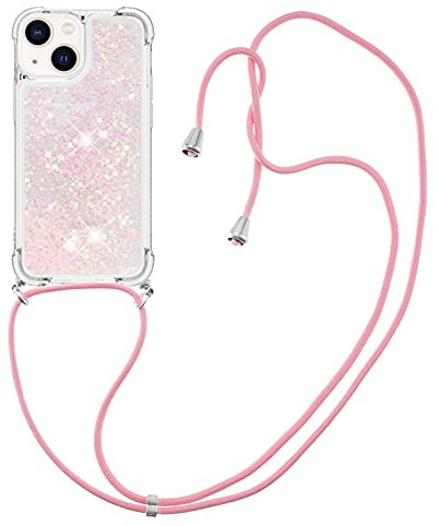 IMIRST Lanyardfodral kompatibelt med iPhone 15 Bling flytande glitter silikonskal stötsäkert Kawaii-skydd med sladd halsband fodral för Apple iPhone 15. LP Stjärna Rosa