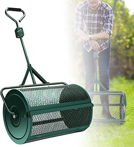 OSBELE Esparcidor de turba de 24 Pulgadas, esparcidor de abono con Mango de jardín, esparcidor de Cesta de Malla metálica de Acero, abono, turba, Tierra Vegetal, siembra, Rodillo esparcidor de EST