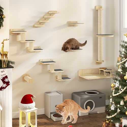 YITAHOME 8PCS Pareti da Arrampicata per Gatti, Tiragraffi per Gatti a Parete con 1 Scala/2 Piattaforme e 2 Scalette con Tappetini Antiscivolo/1 Palo in Sisal con Grande Piattaforma/Letto con 2 Ciotole