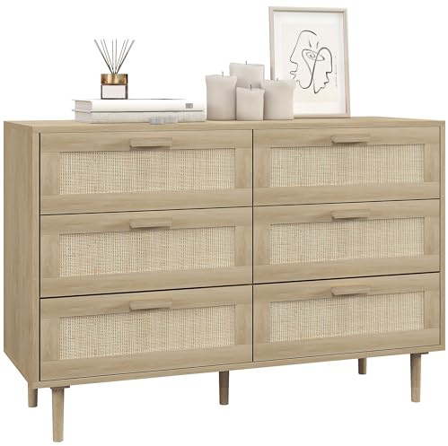 HOMCOM Cassettiera 6 Cassetti in Stile Bohemien per Soggiorno, Cassettiera Camera da Letto Boho in Legno e Rattan, 110x40x75 cm, color Legno