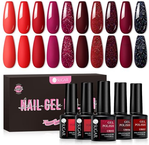 UR SUGAR UV Nagellack Rot Glitzer, Nagellacks Lila Gel Nagellack Gellack UV Farbgel Starter Set für Nagelstudio Nagel mit Geschenkbox Maniküre Set