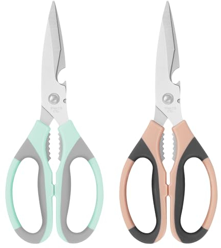 Vutyvve Forbici da cucina, lame in acciaio inox, impugnatura morbida, set di forbici da cucina multifunzionali, colore rosa grigio/blu grigio, set di 2