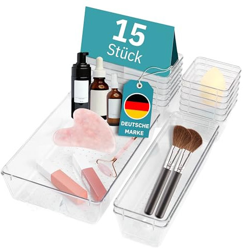 GRANDAT® 15 Stücke Schubladen Organizer mit 4 Größen Make up Ordnungssystem Schminktisch Organizer Einsetzbar für Makeup Badezimmer Büro Schminktisch Küchen Drawer Organizer Schublade