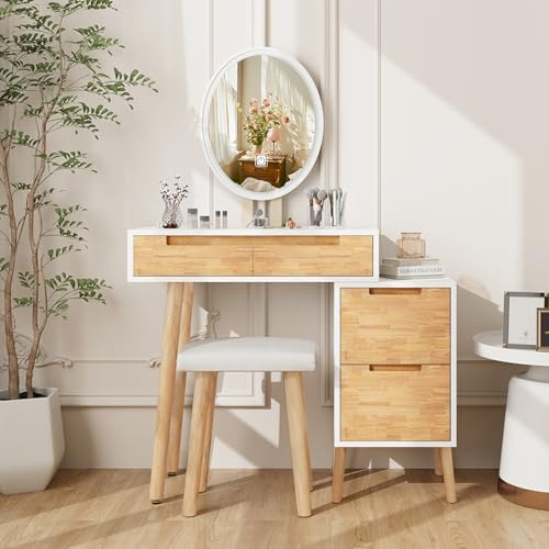 Fullwatt Schminktisch, Schminktisch mit Spiegel und Beleuchtung, mit 3 Farben LED-Beleuchtung, Schublade, Gepolsterter Hocker und Make-up-Organizer Eiche