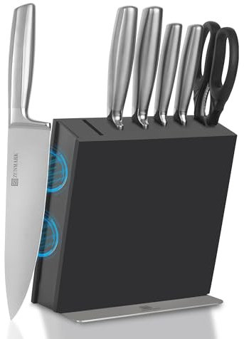 ZUNMARK Set Coltelli da Cucina 7 Pezzi con Blocco Magnetico Legno e Coltelli Chef Professionali - Acciaio Inossidabile Full Tang, Manico Monolitico e Lavabile in Lavastoviglie
