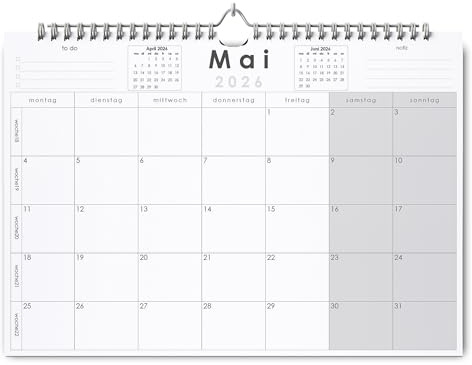 Huurdies® Wandkalender – 22 Monate im Voraus – A3+ – Mit Wochennummern und deutschen Feiertagen – Spiralbindung – Platz für Notizen – Hochwertiges Papier