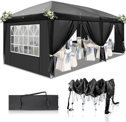 TactFire Pavillon 3x6 m,Faltpavillon,Wasserdicht Stabil Winterfest UV Schutz 50+,420D Oxford,Faltbar Höhenverstellbar,Partyzelt,Gartenzelt,Für Garten Camping,Outdoor,Schwarz,6 Seitenteilen