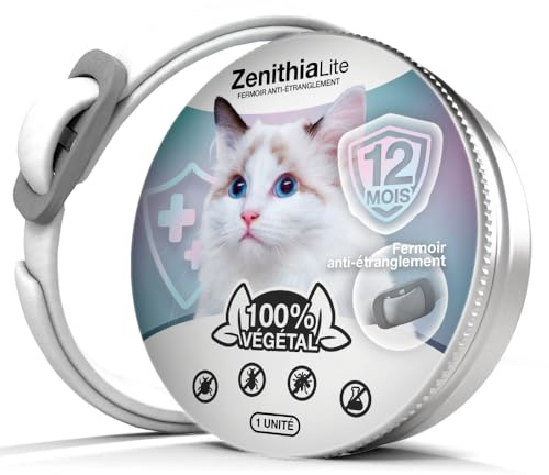 ZENITHIA Lite Collier Antiparasitaire Chat – Répulsif Insectes, Anti-Puces, Tiques et Moustiques – 12 Mois Protection – 48 cm – Ajustable – Végétal – Étanche – 1 Unité