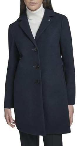 Calvin Klein Women's Classic Faux Wool Overcoat – Long Button Front Winter Jacket, Navy, L