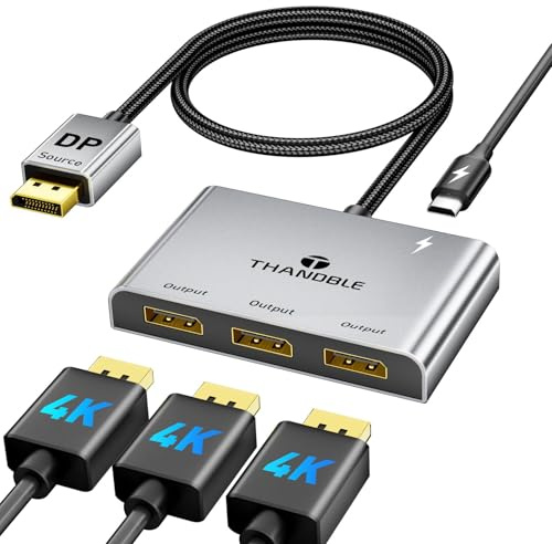 THANDBLE DisplayPort Splitter for Multi Monitor Extended Display, 4K 60Hz 3xDP MST Hub Display Port to 3 Display Port 1 in 3 Out Adapter for NVIDIA, AMD, PC, Windows