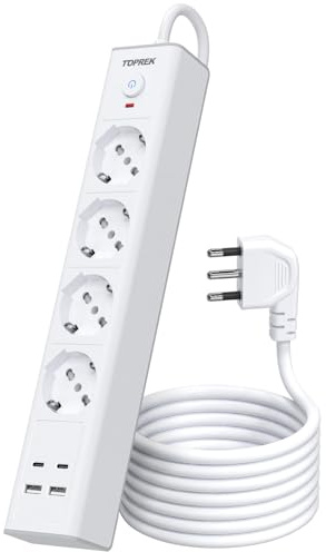 TOPREK Ciabatta Multipresa Elettrica con 4 Prese Universali ITA 10/16A e Schuko e 2 USB C e 2 USB A, 2 Metri Cavo Spina Gomito 90°,4000W/16A, Multipresa con Interruttore(Dotato di 2 Fascette Plastica)