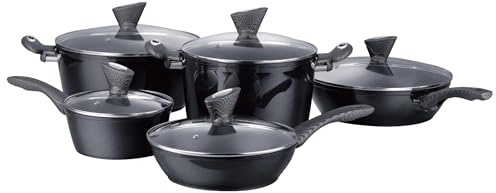 Kimbatex Kitchen Set de Cacerolas y Sartenes con Tapa de Cristal – Revestimiento Antiadherente Efecto Piedra Aluminio Forjado Resistente a Rayaduras – Juego de 5