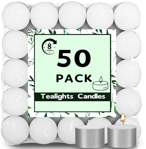 Tczecoo 50 velas de té blancas con 8 horas de combustión, sin aroma ni hollín, para bodas, decoración de fiestas