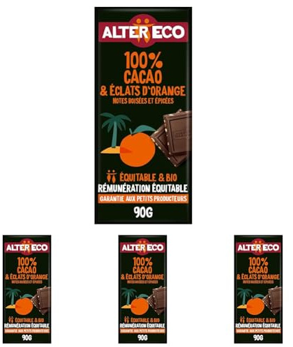 ALTER ECO - Tablette Chocolat Noir 100% Cacao et Orange - Bio & Équitable - 90 g (Lot de 4)