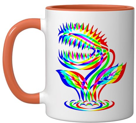 Carnivorous Plant Venus Fly Trap Design EDM Cyber Glitch Ceramic Mug, Orange/White