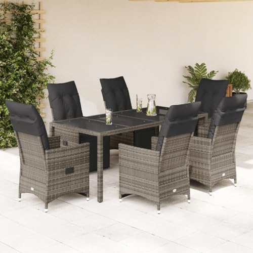 RMIHSJG Ensemble bistro de jardin 7 pièces avec coussins, gris en polyrotin, dossier et repose-pieds réglables, housses amovibles et lavables, plateau en verre trempé pour terrasse, balcon, jardin