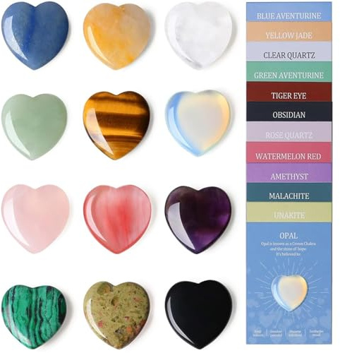 Juego de piedras preciosas de cristal natural, 12 piezas de piedras de bolsillo pulidas mixtas, rocas decorativas en forma de corazón y pulgar, meditación Reiki, yoga, piedras preciosas espirituales