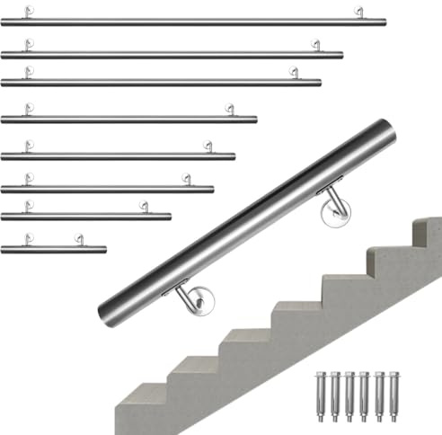Jaxguom Pasamanos de acero inoxidable, pasamanos de 100 cm de largo, diámetro de 42 mm, para escaleras interiores y exteriores, incluye soporte de pared y tapas finales
