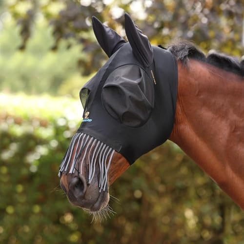 Shires FlyGuard Pro Stretch Fly Mask with Nose Fringe - Jet Black
