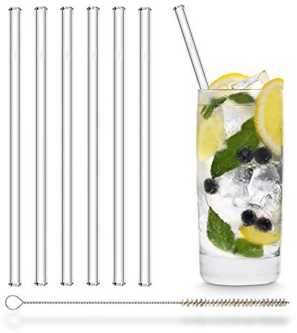 HALM Glas Strohhalme Wiederverwendbar Trinkhalm - 6 Stück gerade 20 cm + plastikfreie Reinigungsbürste - Spülmaschinenfest - Nachhaltig - Glastrinkhalme Glasstrohalme für Long-Drinks, Smoothies, Saft