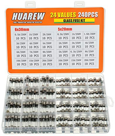 HUAREW 24 Values 240 Pcs Fast Blow Glass Fuses 250 V Volt 5x20 mm 0.5 1 1.6 2 3 4 5 6.3 8 10 15 20 A 6x30 mm 0.5 1 2 3 4 5 6 7 8 10 15 20 A amp Assortment Kit