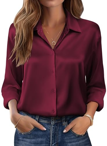 Beyove Chemisier Femme Satin Soie Col V Chemises Élégantes Manches Longues Business Tops avec Boutons Tops Chemise Ample à Manches Longues Vin Rouge L